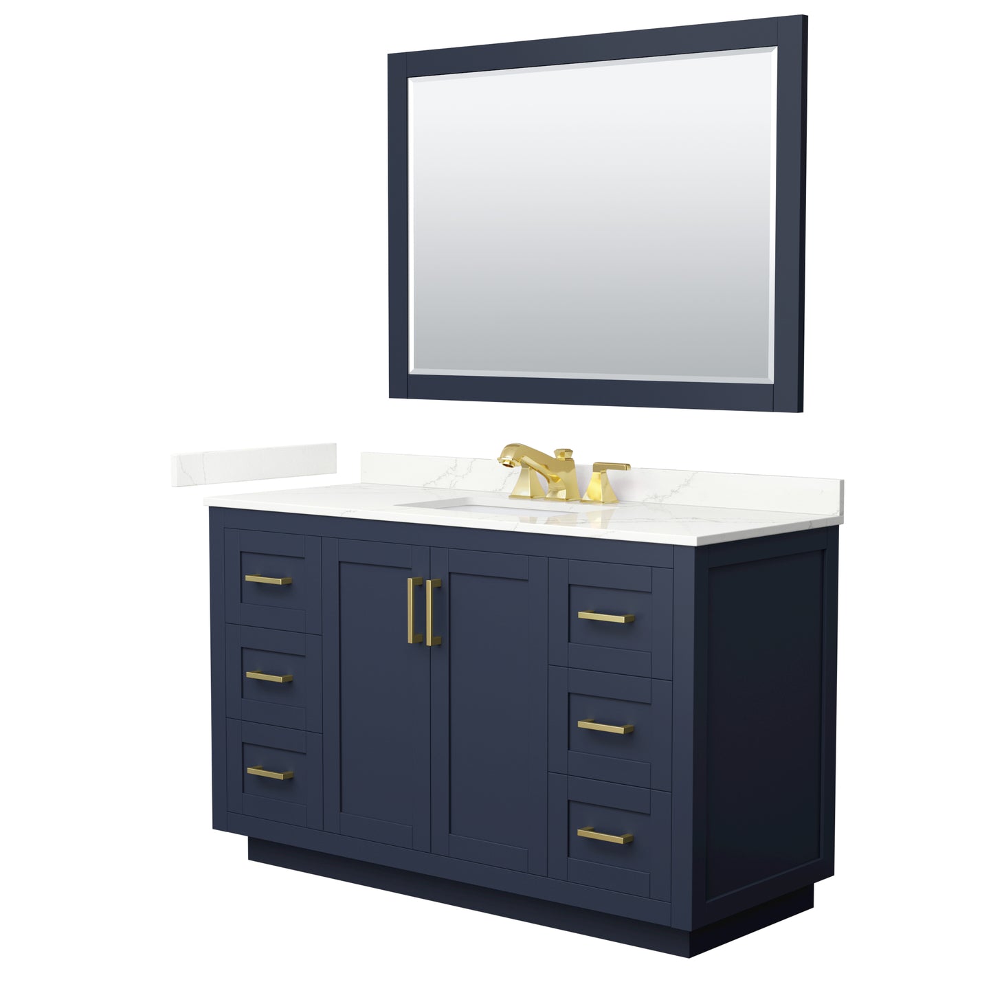 Wyndham Collection Miranda 54" Single Bathroom Vanity in Dark Blue, Giotto Quartz Countertop, Undermount Square Sink (3-Hole), Brushed Gold Trim, 46" Mirror