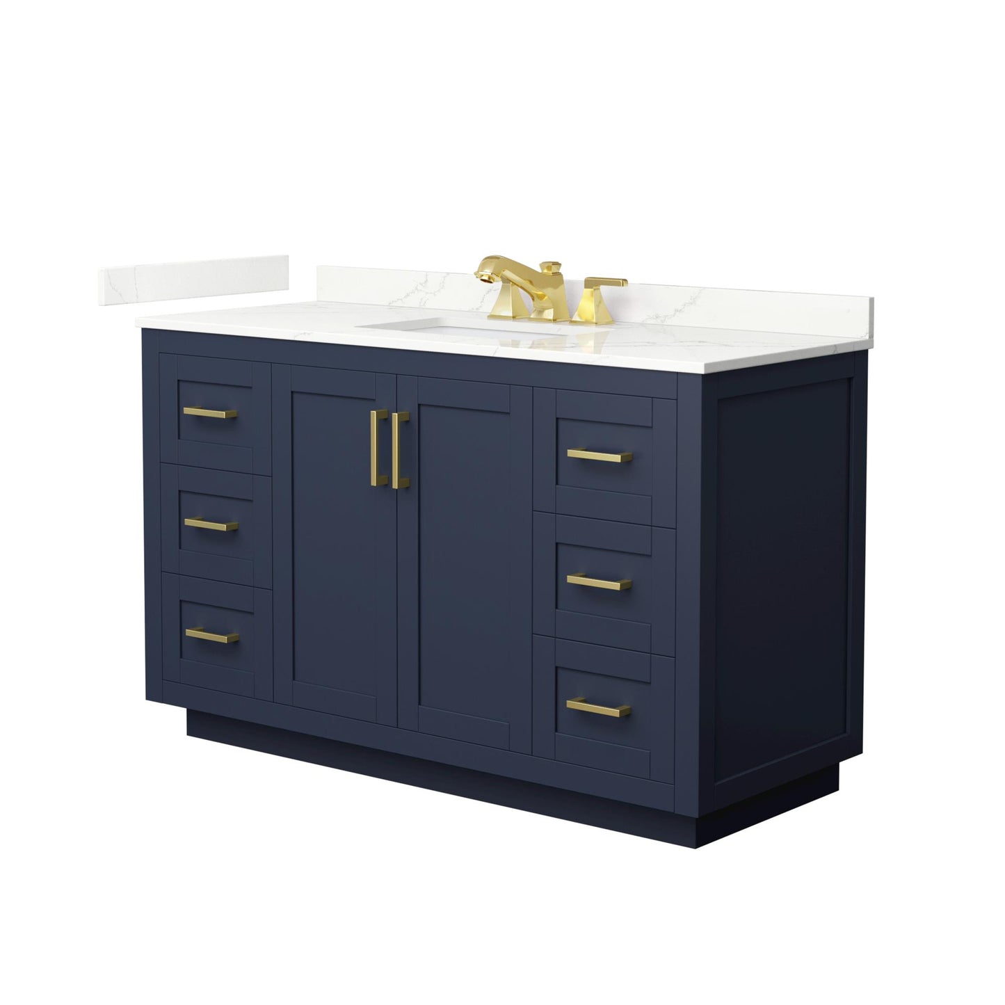 Wyndham Collection Miranda 54" Single Bathroom Vanity in Dark Blue, Giotto Quartz Countertop, Undermount Square Sink (3-Hole), Brushed Gold Trim