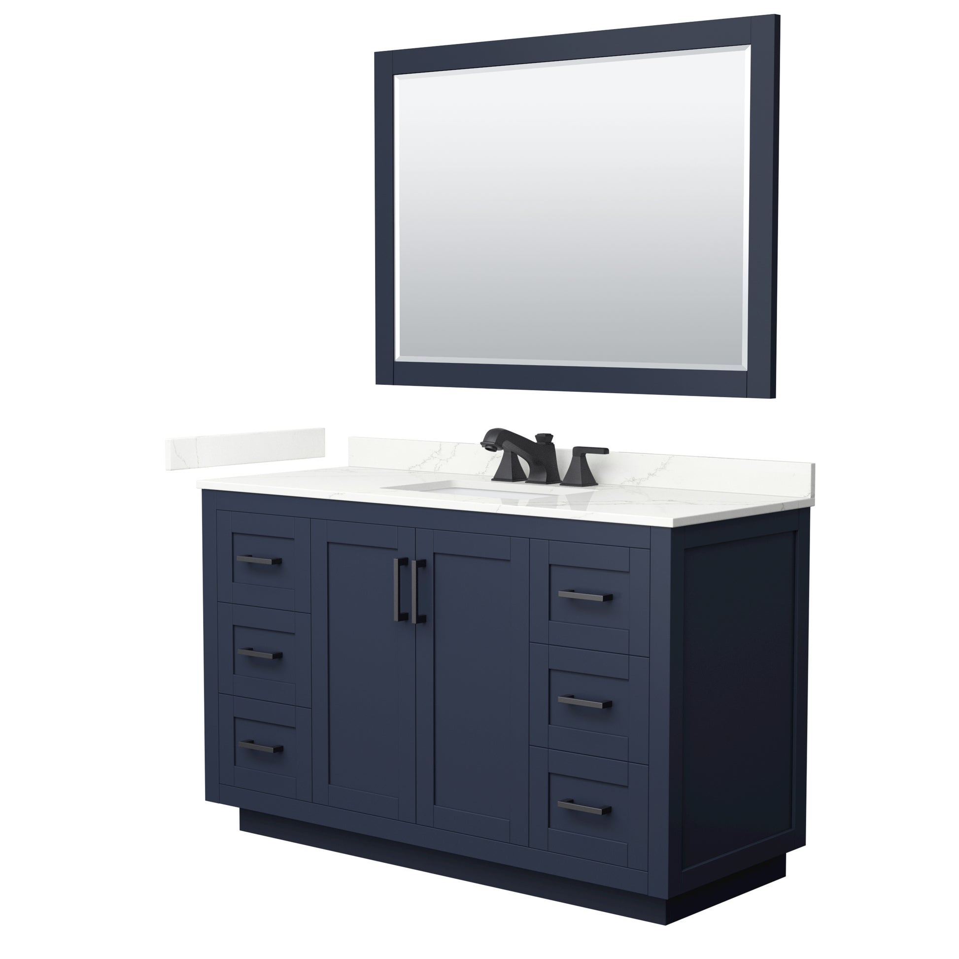 Wyndham Collection Miranda 54" Single Bathroom Vanity in Dark Blue, Giotto Quartz Countertop, Undermount Square Sink (3-Hole), Matte Black Trim, 46" Mirror