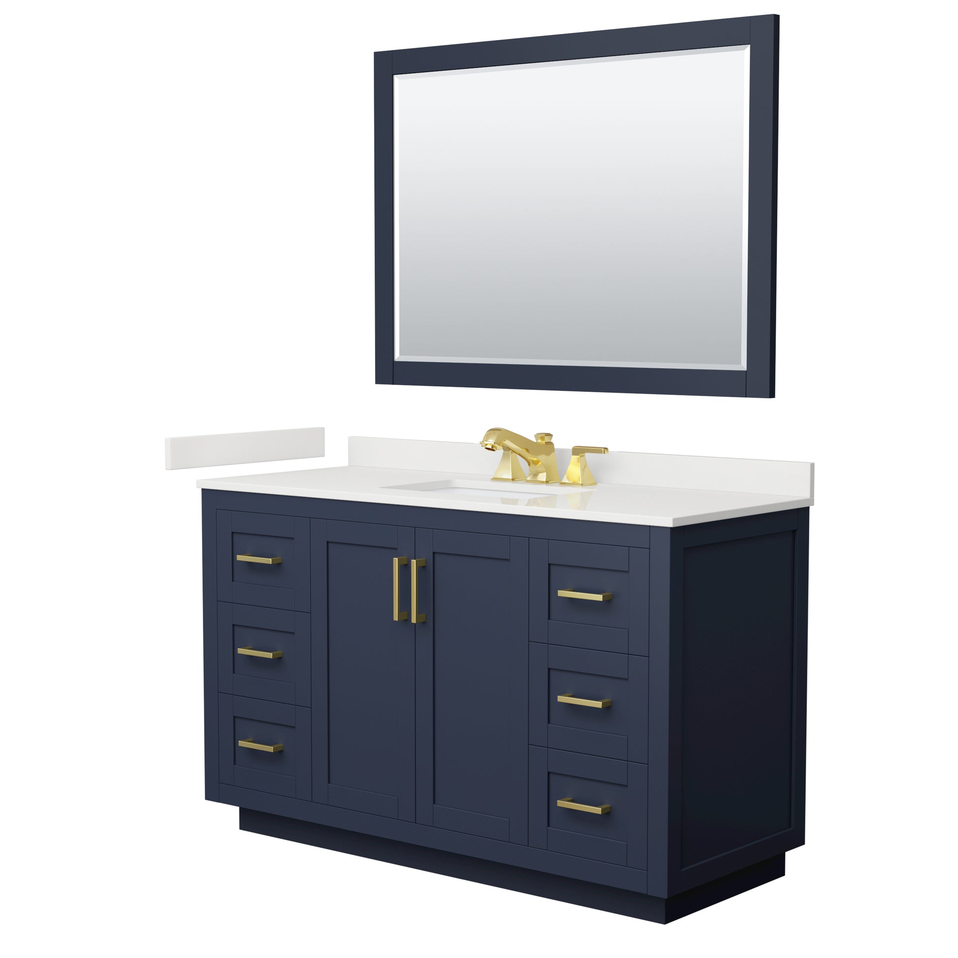 Wyndham Collection Miranda 54" Single Bathroom Vanity in Dark Blue, White Quartz Countertop, Undermount Square Sink (3-Hole), Brushed Gold Trim, 46" Mirror