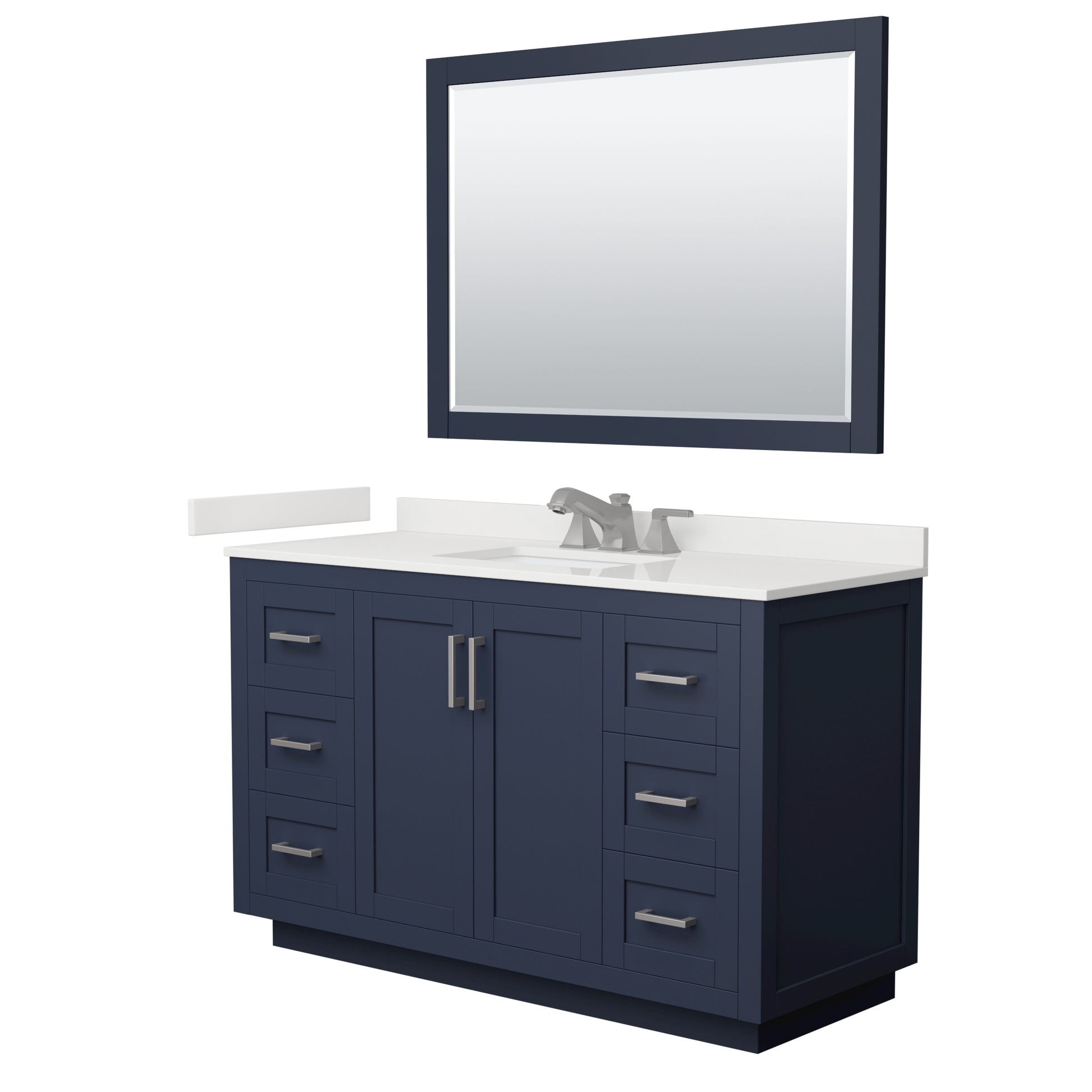 Wyndham Collection Miranda 54" Single Bathroom Vanity in Dark Blue, White Quartz Countertop, Undermount Square Sink (3-Hole), Brushed Nickel Trim, 46" Mirror