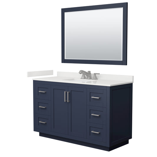 Wyndham Collection Miranda 54" Single Bathroom Vanity in Dark Blue, White Quartz Countertop, Undermount Square Sink (3-Hole), Brushed Nickel Trim, 46" Mirror