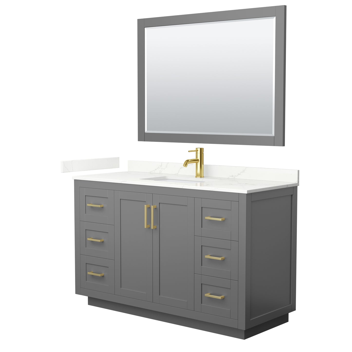 Wyndham Collection Miranda 54" Single Bathroom Vanity in Dark Gray, Giotto Quartz Countertop, Undermount Square Sink (1-Hole), Brushed Gold Trim, 46" Mirror