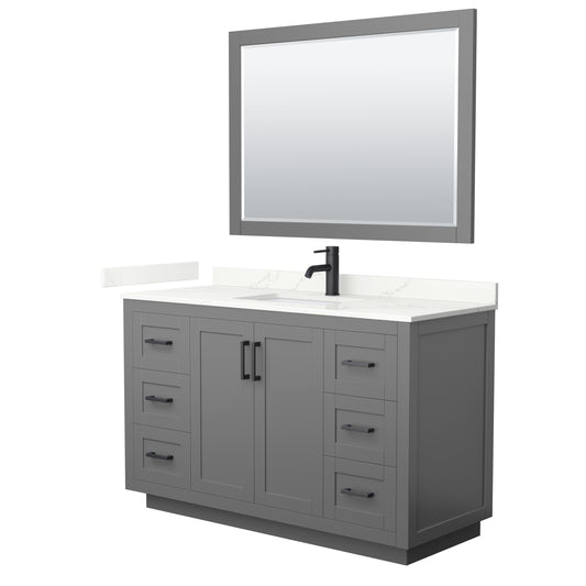 Wyndham Collection Miranda 54" Single Bathroom Vanity in Dark Gray, Giotto Quartz Countertop, Undermount Square Sink (1-Hole), Matte Black Trim, 46" Mirror