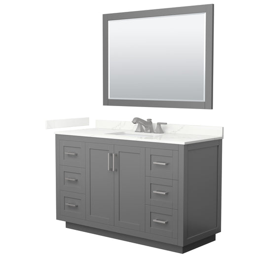 Wyndham Collection Miranda 54" Single Bathroom Vanity in Dark Gray, Giotto Quartz Countertop, Undermount Square Sink (3-Hole), Brushed Nickel Trim, 46" Mirror