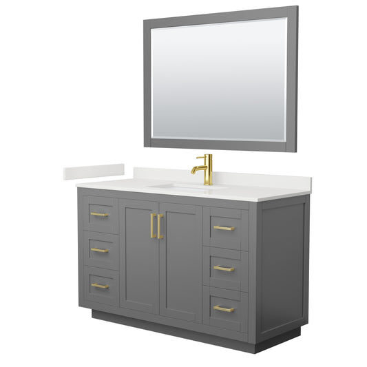 Wyndham Collection Miranda 54" Single Bathroom Vanity in Dark Gray, White Quartz Countertop, Undermount Square Sink (1-Hole), Brushed Gold Trim, 46" Mirror