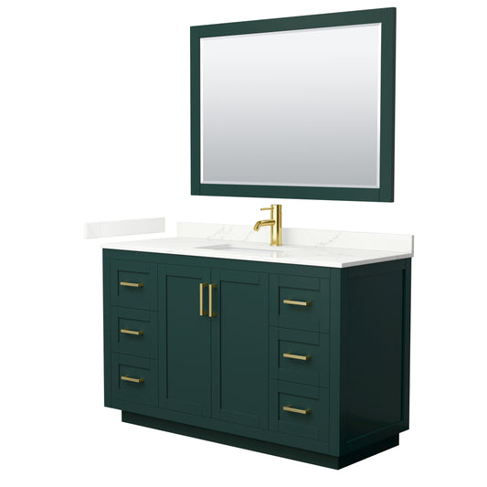 Wyndham Collection Miranda 54" Single Bathroom Vanity in Green, Giotto Quartz Countertop, Undermount Square Sink (1-Hole), Brushed Gold Trim, 46" Mirror