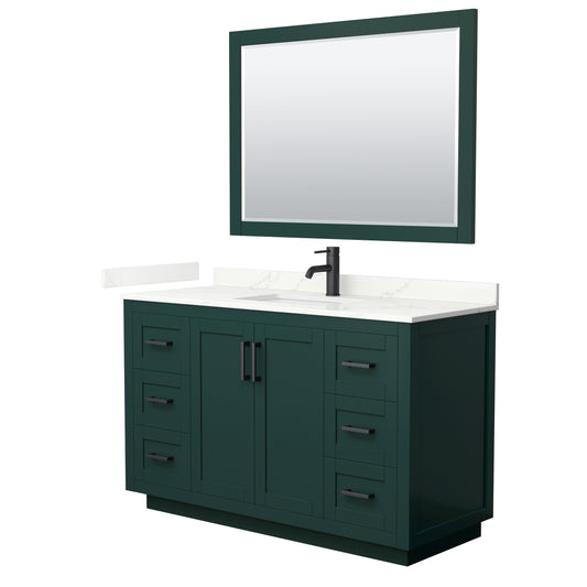 Wyndham Collection Miranda 54" Single Bathroom Vanity in Green, Giotto Quartz Countertop, Undermount Square Sink (1-Hole), Matte Black Trim, 46" Mirror