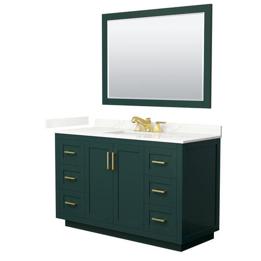 Wyndham Collection Miranda 54" Single Bathroom Vanity in Green, Giotto Quartz Countertop, Undermount Square Sink (3-Hole), Brushed Gold Trim, 46" Mirror