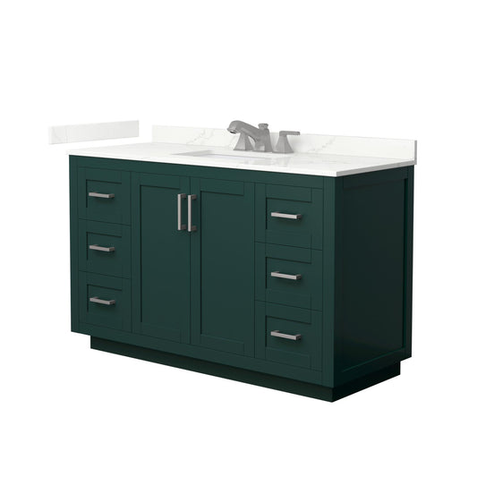 Wyndham Collection Miranda 54" Single Bathroom Vanity in Green, Giotto Quartz Countertop, Undermount Square Sink (3-Hole), Brushed Nickel Trim