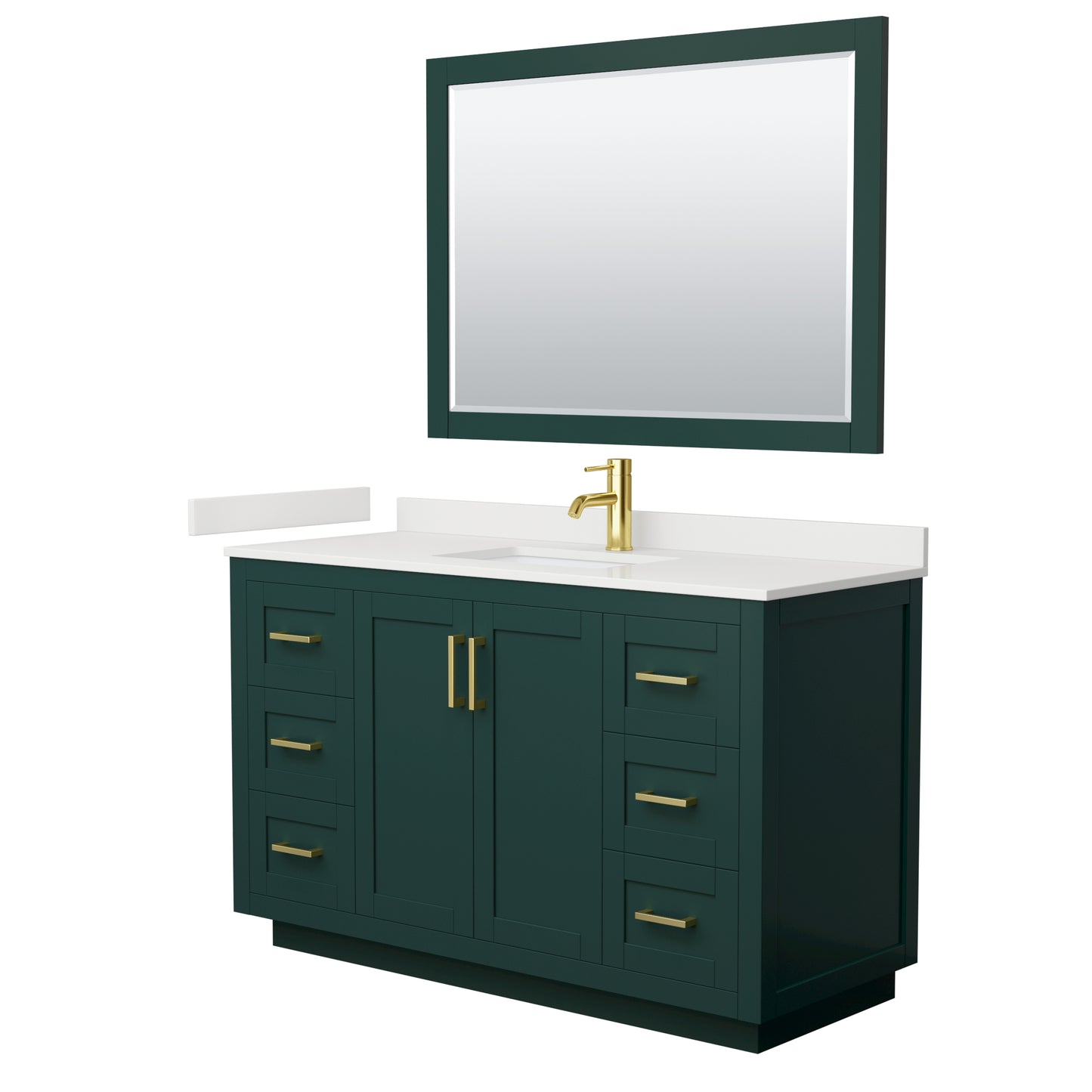 Wyndham Collection Miranda 54" Single Bathroom Vanity in Green, White Quartz Countertop, Undermount Square Sink (1-Hole), Brushed Gold Trim, 46" Mirror