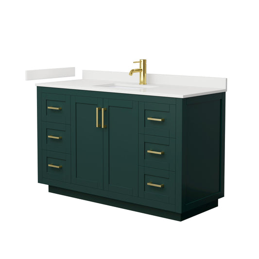 Wyndham Collection Miranda 54" Single Bathroom Vanity in Green, White Quartz Countertop, Undermount Square Sink (1-Hole), Brushed Gold Trim