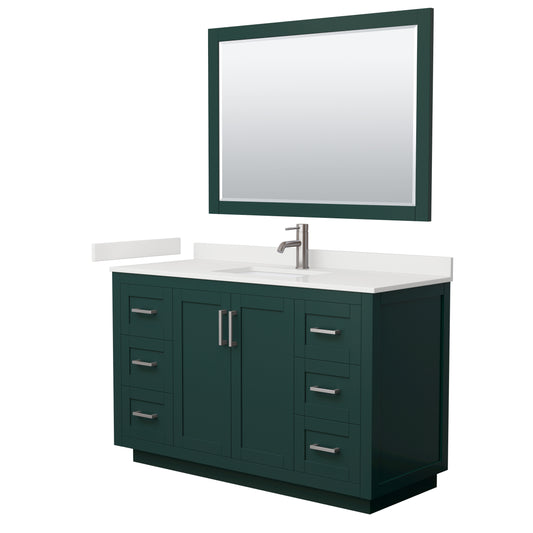 Wyndham Collection Miranda 54" Single Bathroom Vanity in Green, White Quartz Countertop, Undermount Square Sink (1-Hole), Brushed Nickel Trim, 46" Mirror