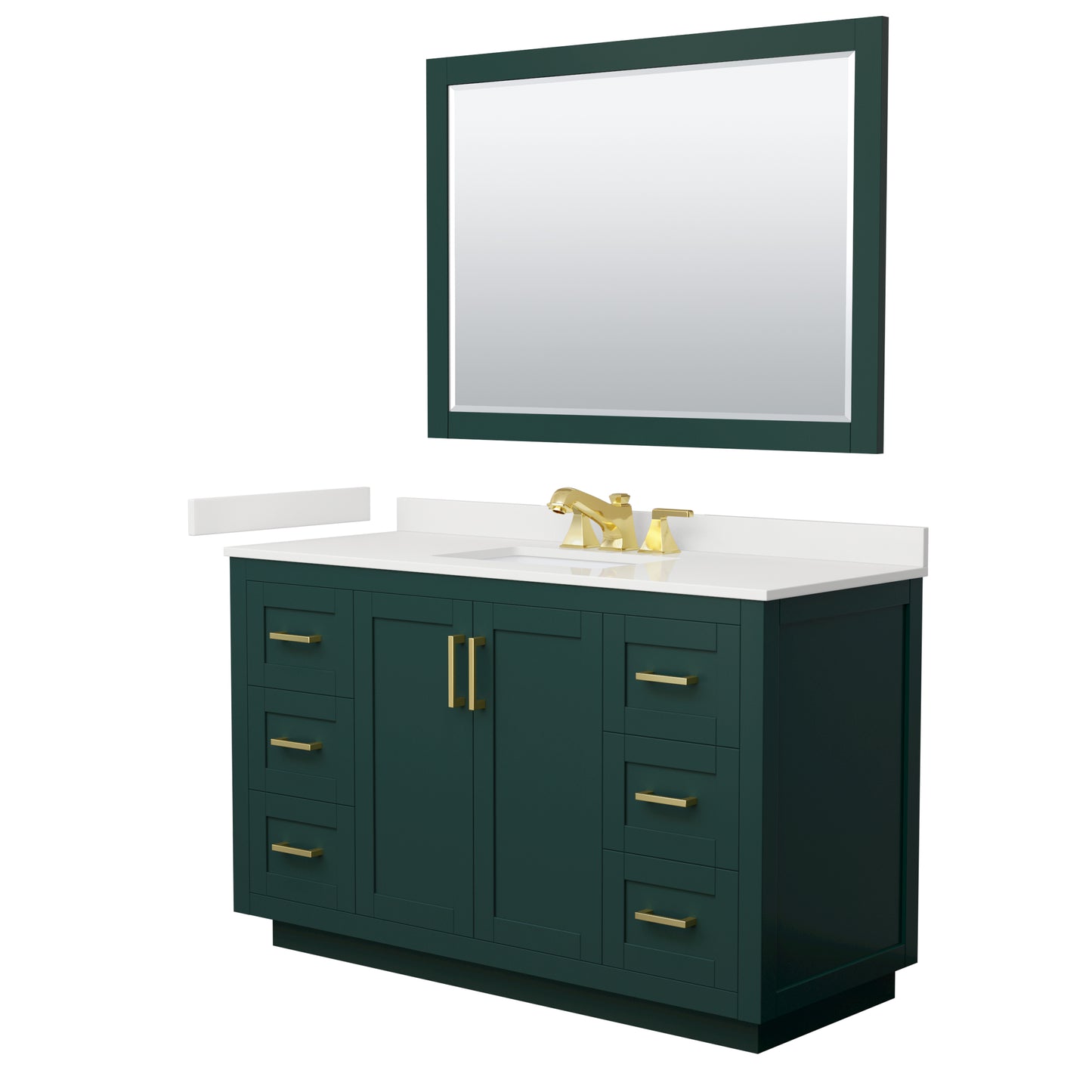 Wyndham Collection Miranda 54" Single Bathroom Vanity in Green, White Quartz Countertop, Undermount Square Sink (3-Hole), Brushed Gold Trim, 46" Mirror
