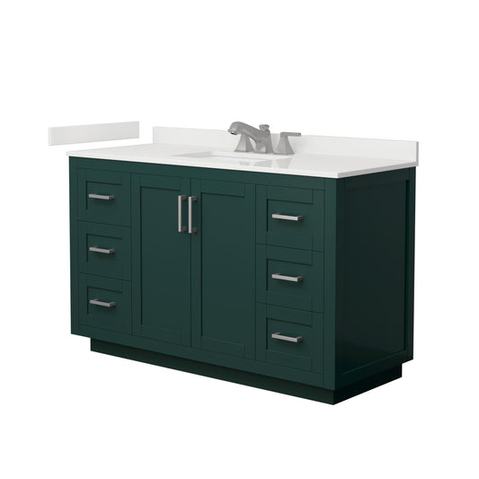Wyndham Collection Miranda 54" Single Bathroom Vanity in Green, White Quartz Countertop, Undermount Square Sink (3-Hole), Brushed Nickel Trim