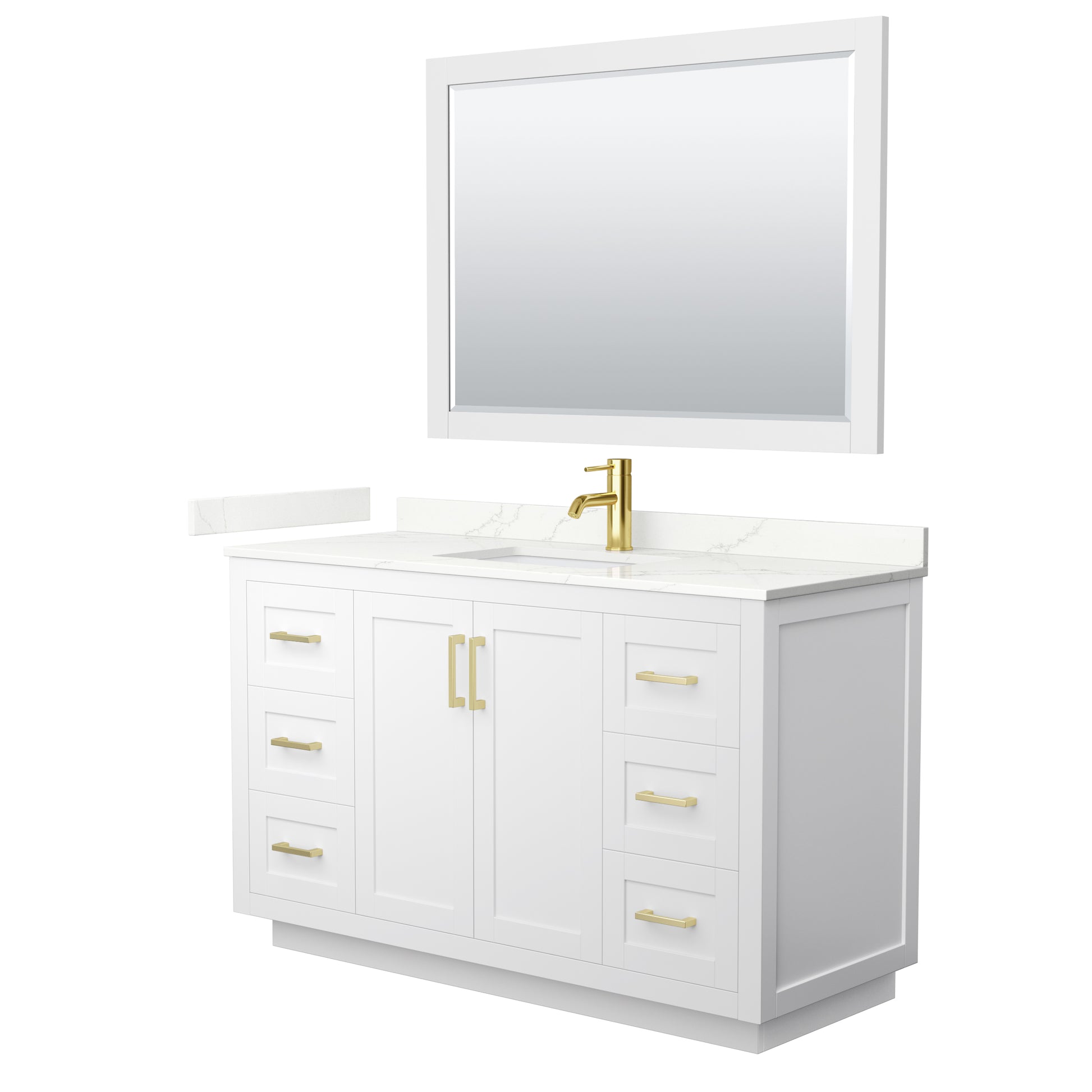 Wyndham Collection Miranda 54" Single Bathroom Vanity in White, Giotto Quartz Countertop, Undermount Square Sink (1-Hole), Brushed Gold Trim, 46" Mirror