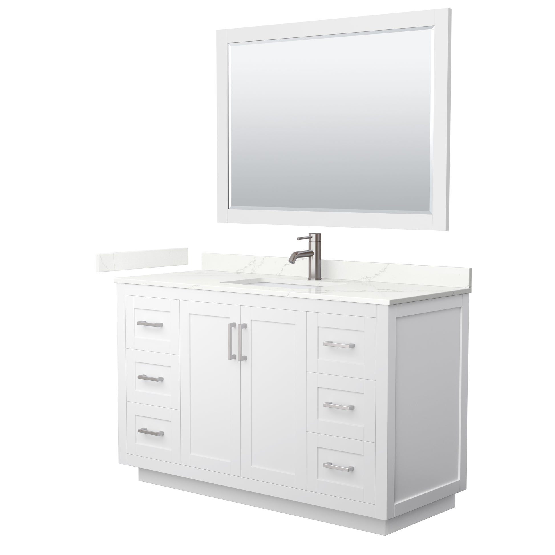 Wyndham Collection Miranda 54" Single Bathroom Vanity in White, Giotto Quartz Countertop, Undermount Square Sink (1-Hole), Brushed Nickel Trim, 46" Mirror