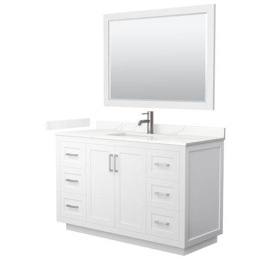 Wyndham Collection Miranda 54" Single Bathroom Vanity in White, Giotto Quartz Countertop, Undermount Square Sink (1-Hole), Brushed Nickel Trim, 46" Mirror