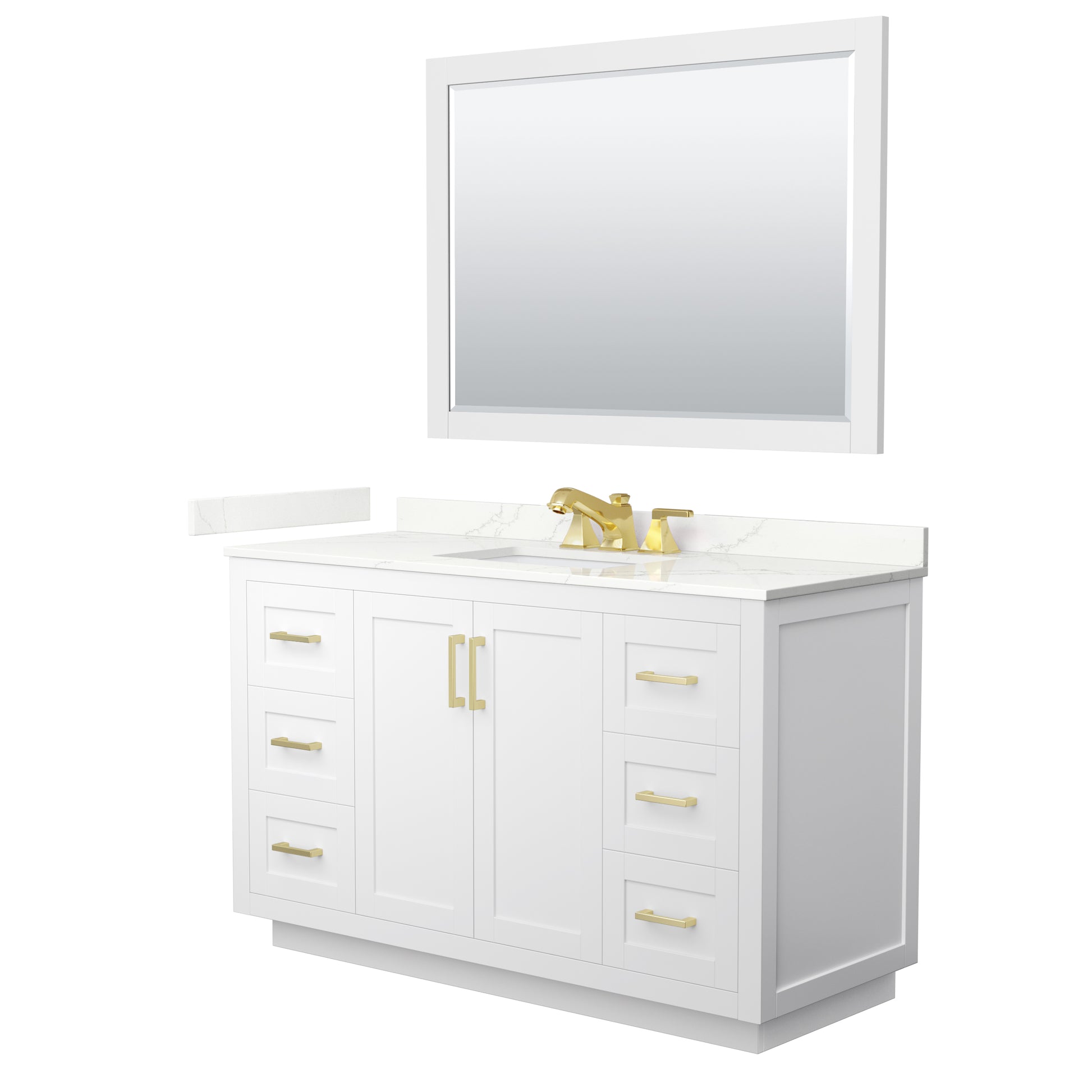 Wyndham Collection Miranda 54" Single Bathroom Vanity in White, Giotto Quartz Countertop, Undermount Square Sink (3-Hole), Brushed Gold Trim, 46" Mirror