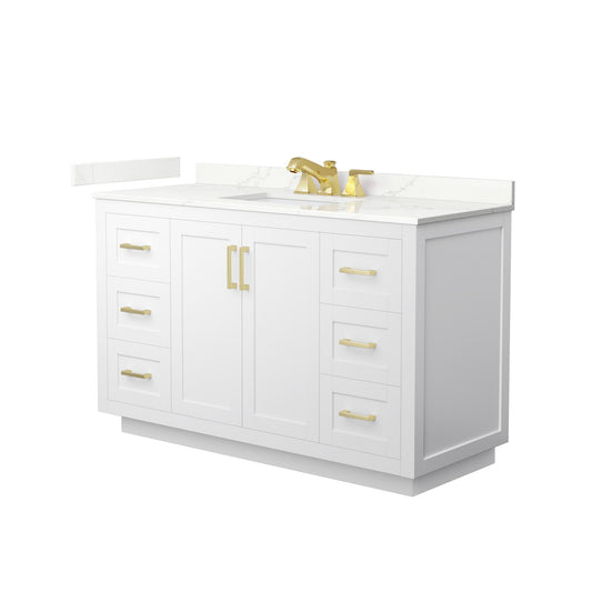 Wyndham Collection Miranda 54" Single Bathroom Vanity in White, Giotto Quartz Countertop, Undermount Square Sink (3-Hole), Brushed Gold Trim