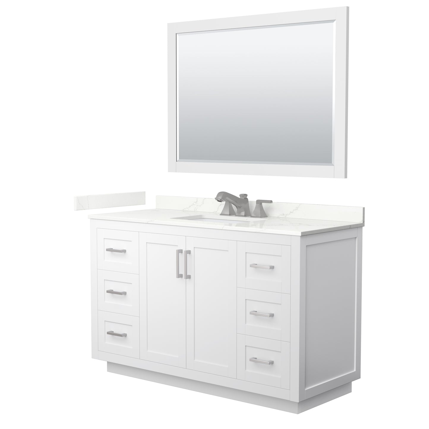 Wyndham Collection Miranda 54" Single Bathroom Vanity in White, Giotto Quartz Countertop, Undermount Square Sink (3-Hole), Brushed Nickel Trim, 46" Mirror