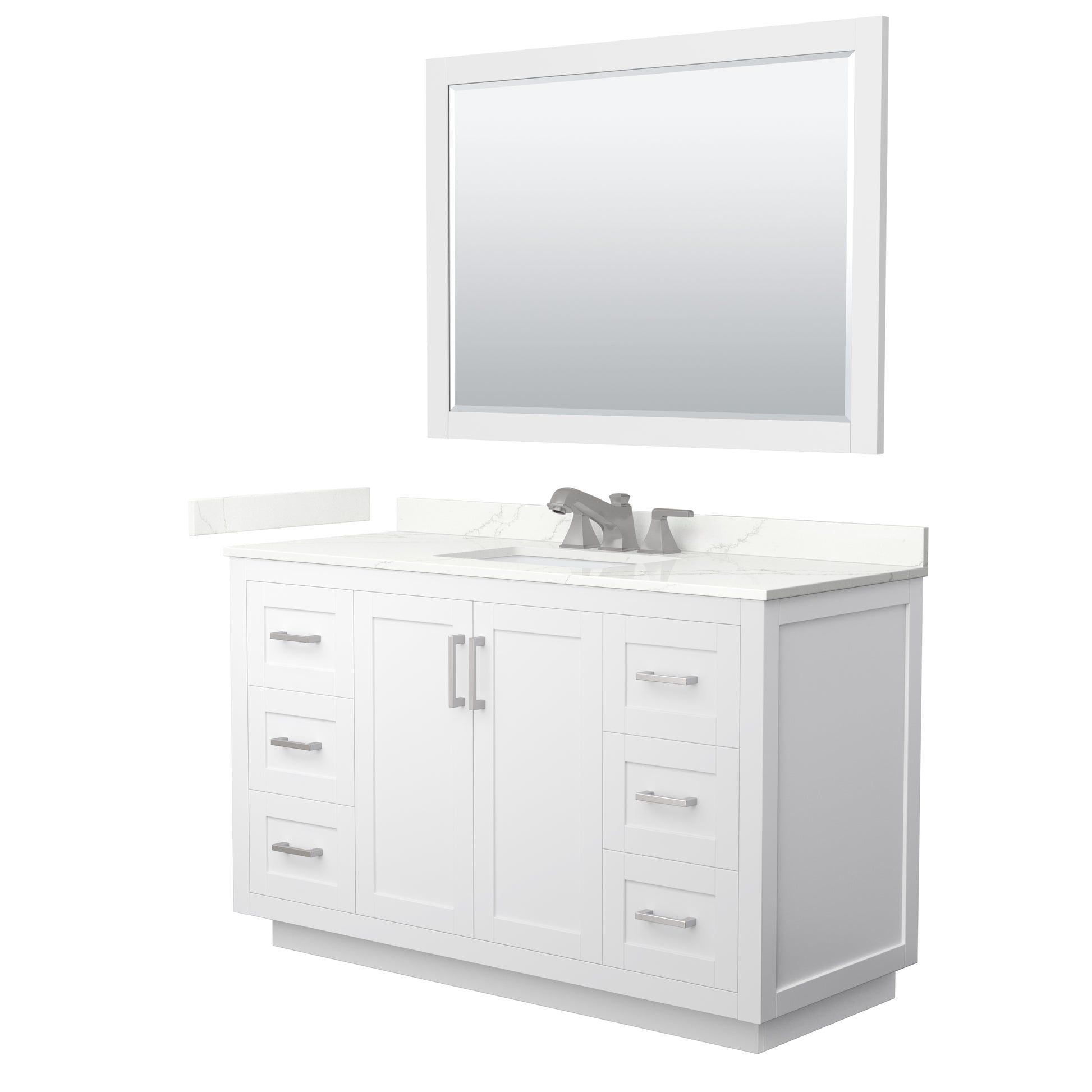 Wyndham Collection Miranda 54" Single Bathroom Vanity in White, Giotto Quartz Countertop, Undermount Square Sink (3-Hole), Brushed Nickel Trim, 46" Mirror