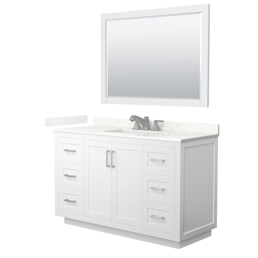 Wyndham Collection Miranda 54" Single Bathroom Vanity in White, Giotto Quartz Countertop, Undermount Square Sink (3-Hole), Brushed Nickel Trim, 46" Mirror