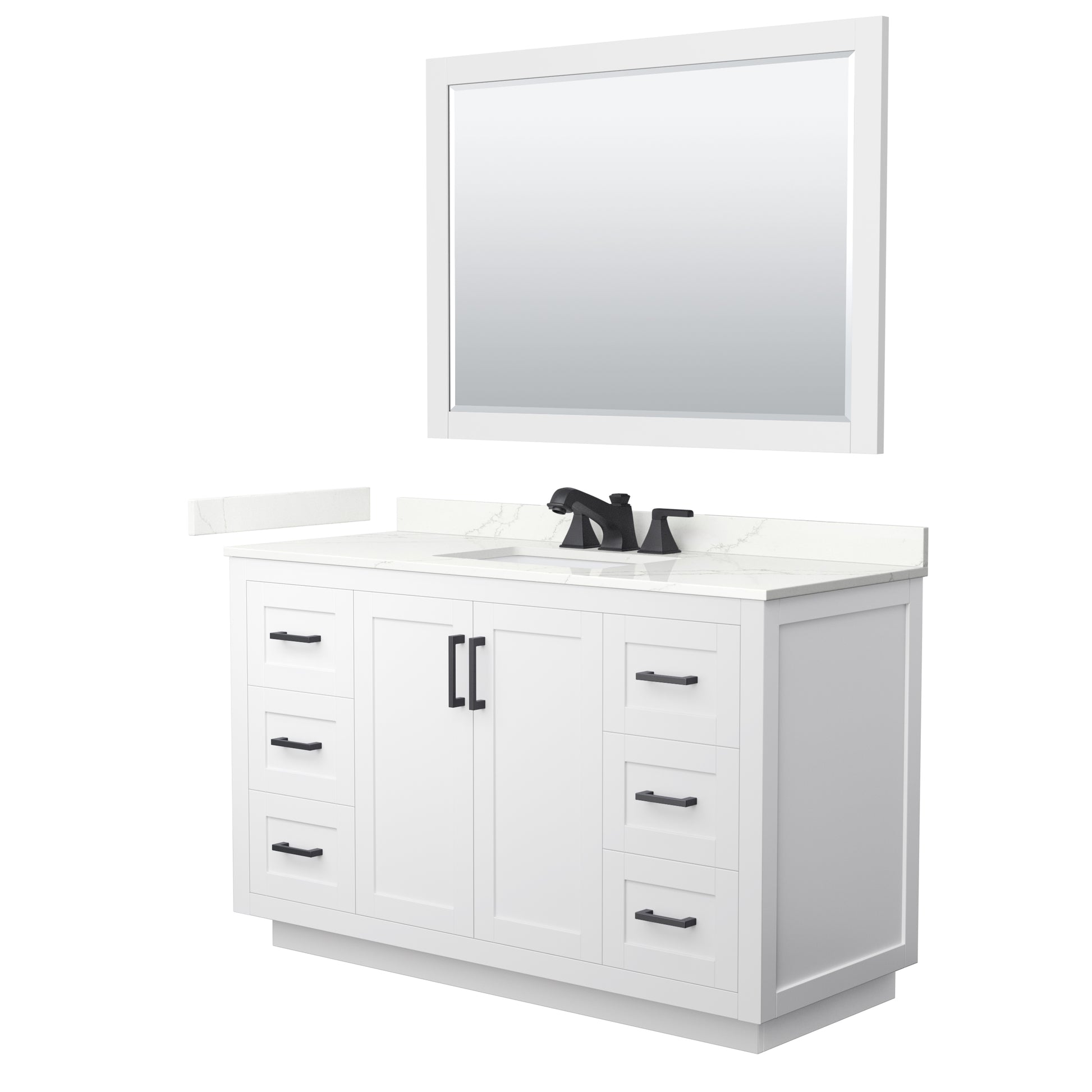 Wyndham Collection Miranda 54" Single Bathroom Vanity in White, Giotto Quartz Countertop, Undermount Square Sink (3-Hole), Matte Black Trim, 46" Mirror