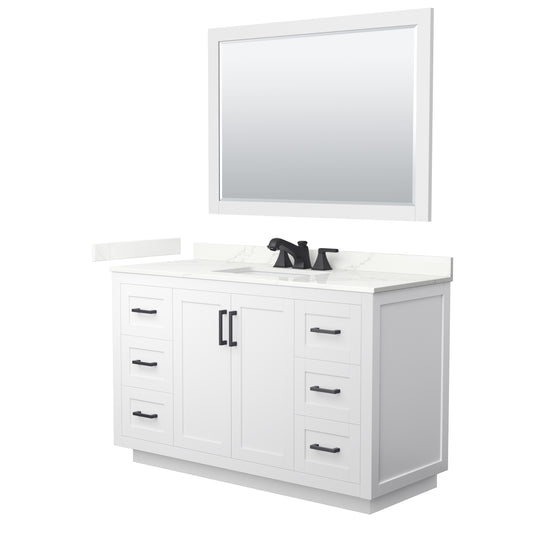 Wyndham Collection Miranda 54" Single Bathroom Vanity in White, Giotto Quartz Countertop, Undermount Square Sink (3-Hole), Matte Black Trim, 46" Mirror
