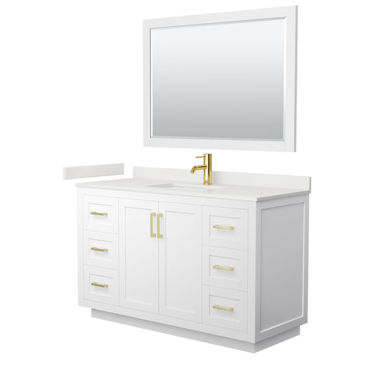 Wyndham Collection Miranda 54" Single Bathroom Vanity in White, White Quartz Countertop, Undermount Square Sink (1-Hole), Brushed Gold Trim, 46" Mirror