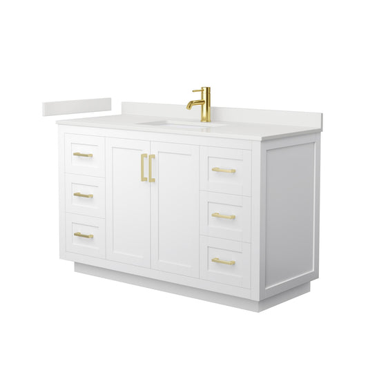 Wyndham Collection Miranda 54" Single Bathroom Vanity in White, White Quartz Countertop, Undermount Square Sink (1-Hole), Brushed Gold Trim