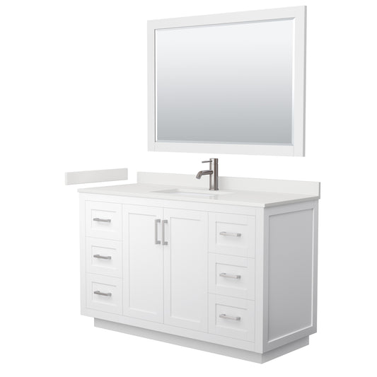 Wyndham Collection Miranda 54" Single Bathroom Vanity in White, White Quartz Countertop, Undermount Square Sink (1-Hole), Brushed Nickel Trim, 46" Mirror
