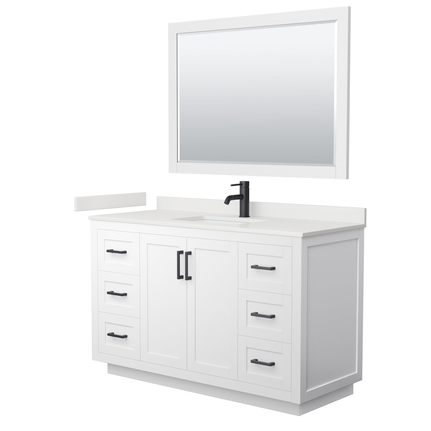 Wyndham Collection Miranda 54" Single Bathroom Vanity in White, White Quartz Countertop, Undermount Square Sink (1-Hole), Matte Black Trim, 46" Mirror