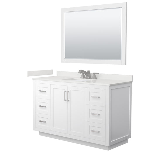 Wyndham Collection Miranda 54" Single Bathroom Vanity in White, White Quartz Countertop, Undermount Square Sink (3-Hole), Brushed Nickel Trim, 46" Mirror