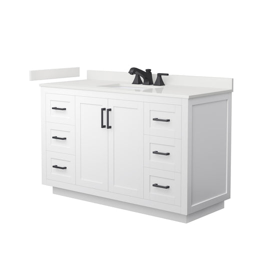 Wyndham Collection Miranda 54" Single Bathroom Vanity in White, White Quartz Countertop, Undermount Square Sink (3-Hole), Matte Black Trim