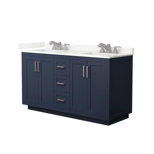 Wyndham Collection Miranda 60" Double Bathroom Vanity in Dark Blue, Giotto Quartz Countertop, Undermount Square Sinks (3-Hole), Brushed Nickel Trim