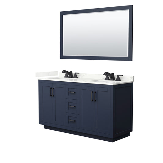 Wyndham Collection Miranda 60" Double Bathroom Vanity in Dark Blue, Giotto Quartz Countertop, Undermount Square Sinks (3-Hole), Matte Black Trim, 58" Mirror