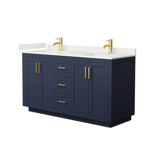 Wyndham Collection Miranda 60" Double Bathroom Vanity in Dark Blue, White Quartz Countertop, Undermount Square Sinks (1-Hole), Brushed Gold Trim