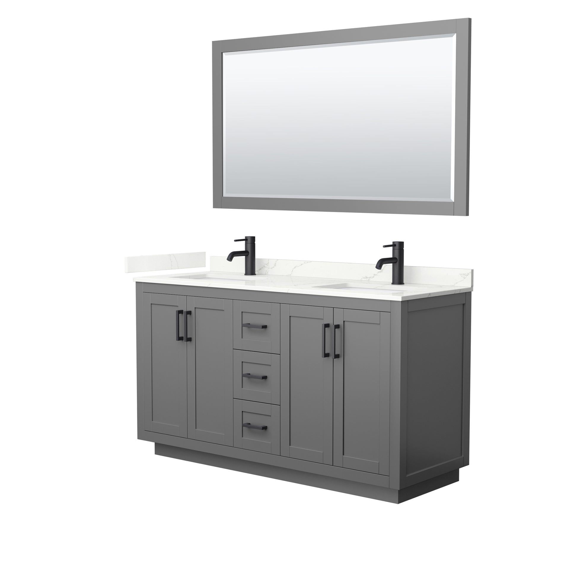 Wyndham Collection Miranda 60" Double Bathroom Vanity in Dark Gray, Giotto Quartz Countertop, Undermount Square Sinks (1-Hole), Matte Black Trim, 58" Mirror