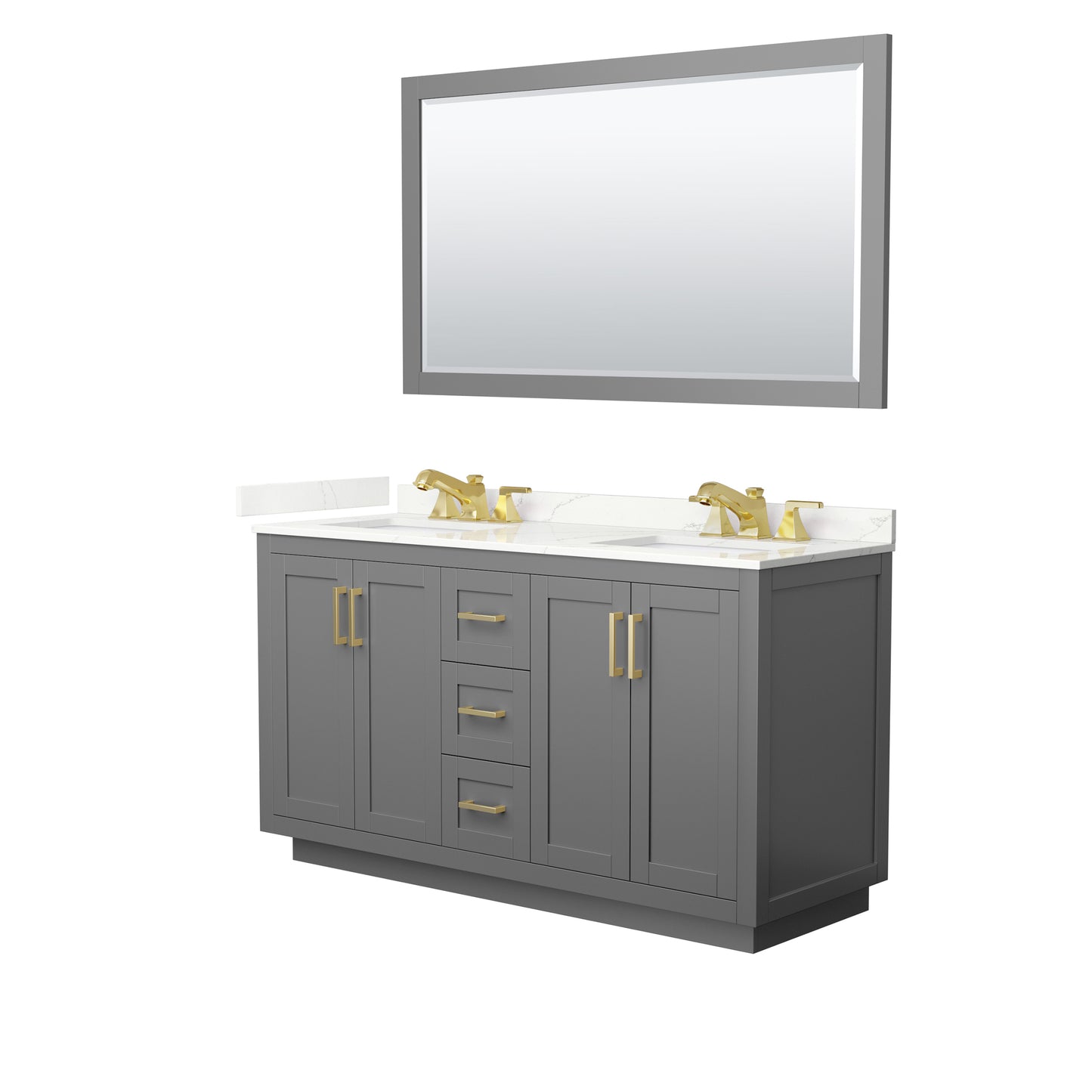 Wyndham Collection Miranda 60" Double Bathroom Vanity in Dark Gray, Giotto Quartz Countertop, Undermount Square Sinks (3-Hole), Brushed Gold Trim, 58" Mirror