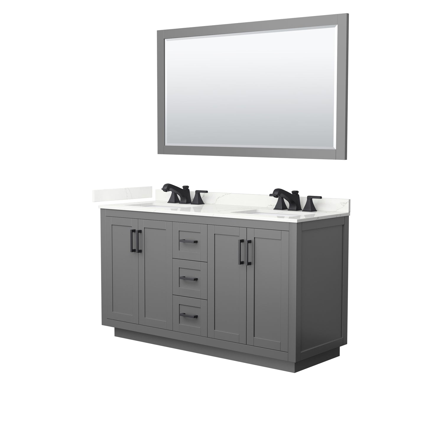 Wyndham Collection Miranda 60" Double Bathroom Vanity in Dark Gray, Giotto Quartz Countertop, Undermount Square Sinks (3-Hole), Matte Black Trim, 58" Mirror