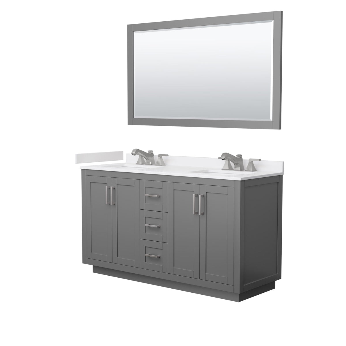 Wyndham Collection Miranda 60" Double Bathroom Vanity in Dark Gray, White Cultured Marble Countertop, Undermount Square Sinks (3-Hole), Brushed Nickel Trim and 58" Mirror