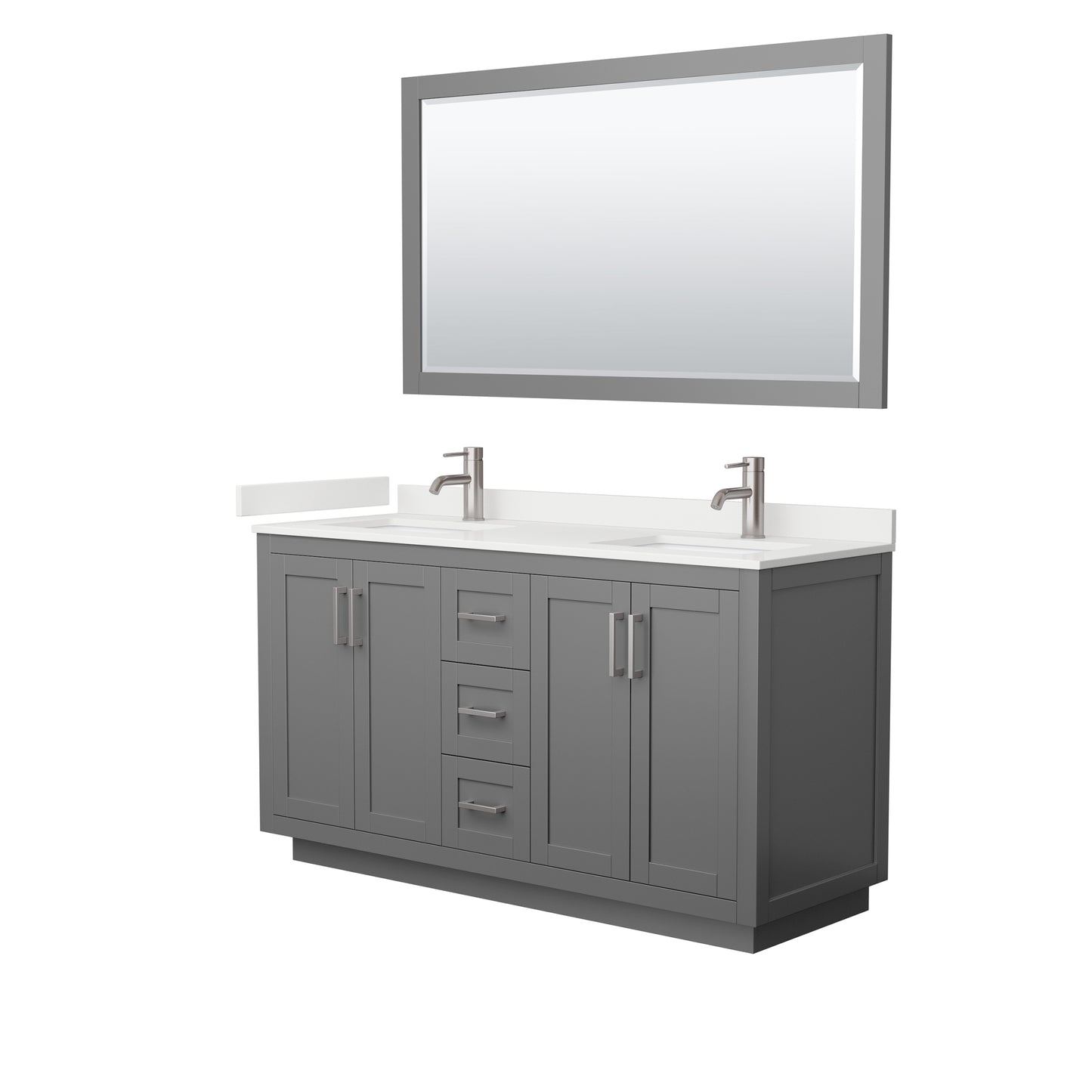 Wyndham Collection Miranda 60" Double Bathroom Vanity in Dark Gray, White Quartz Countertop, Undermount Square Sinks (1-Hole), Brushed Nickel Trim, 58" Mirror