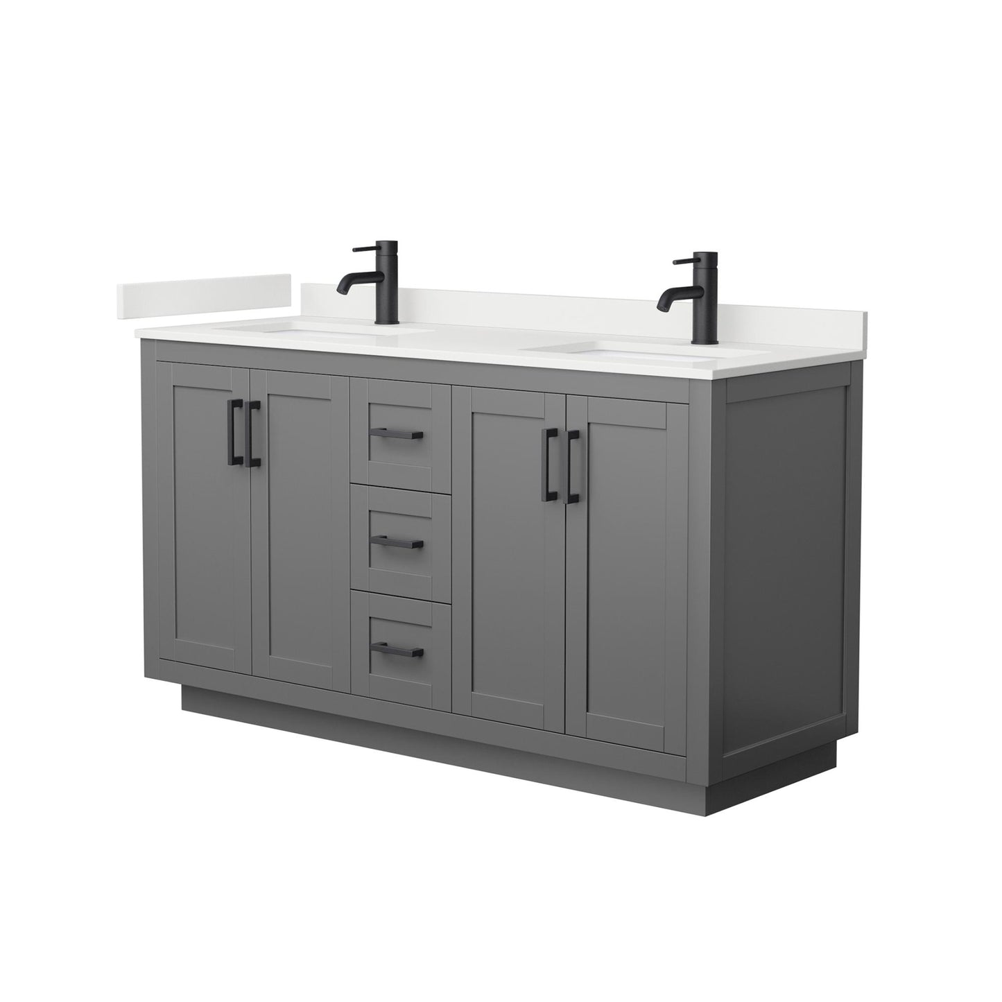Wyndham Collection Miranda 60" Double Bathroom Vanity in Dark Gray, White Quartz Countertop, Undermount Square Sinks (1-Hole), Matte Black Trim