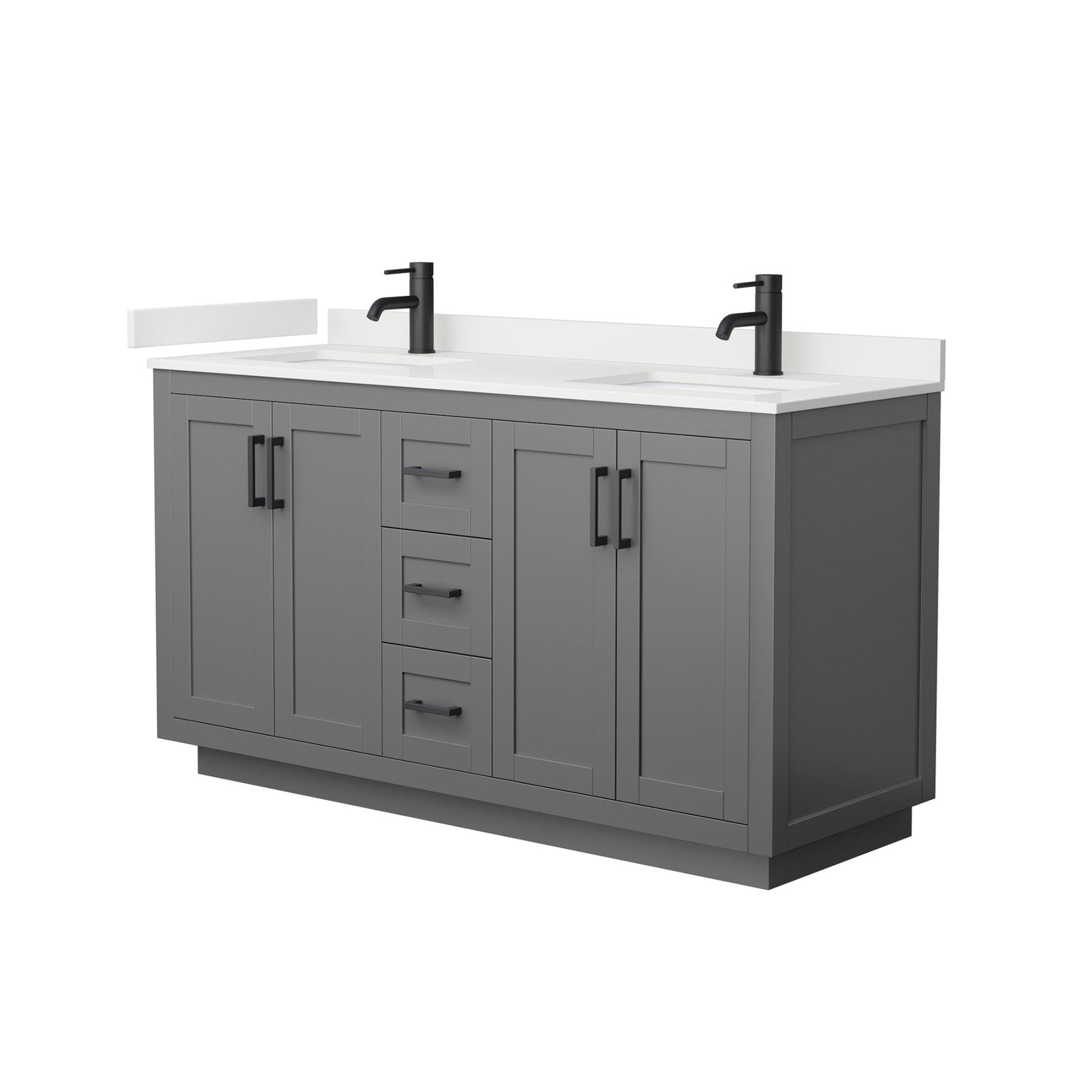 Wyndham Collection Miranda 60" Double Bathroom Vanity in Dark Gray, White Quartz Countertop, Undermount Square Sinks (1-Hole), Matte Black Trim
