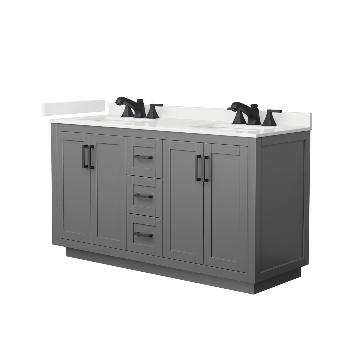 Wyndham Collection Miranda 60" Double Bathroom Vanity in Dark Gray, White Quartz Countertop, Undermount Square Sinks (3-Hole), Matte Black Trim