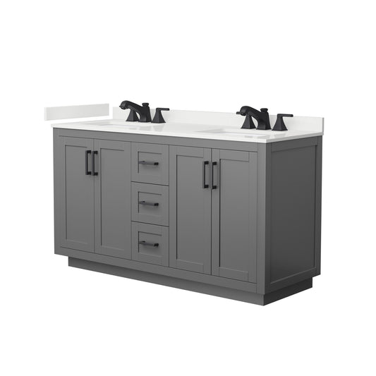 Wyndham Collection Miranda 60" Double Bathroom Vanity in Dark Gray, White Quartz Countertop, Undermount Square Sinks (3-Hole), Matte Black Trim