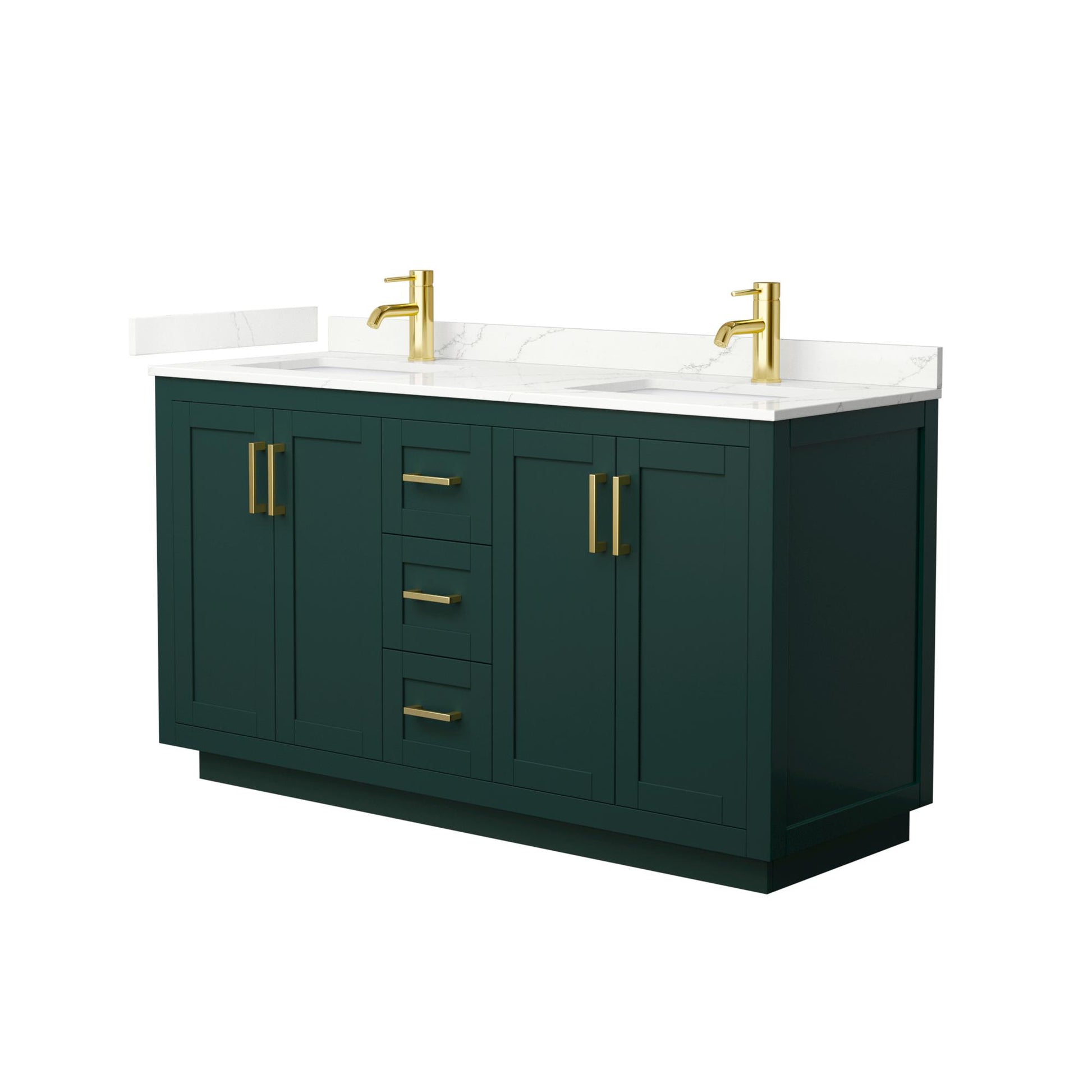 Wyndham Collection Miranda 60" Double Bathroom Vanity in Green, Giotto Quartz Countertop, Undermount Square Sinks (1-Hole), Brushed Gold Trim