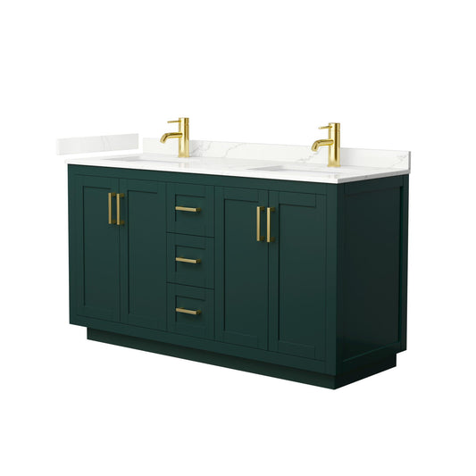 Wyndham Collection Miranda 60" Double Bathroom Vanity in Green, Giotto Quartz Countertop, Undermount Square Sinks (1-Hole), Brushed Gold Trim