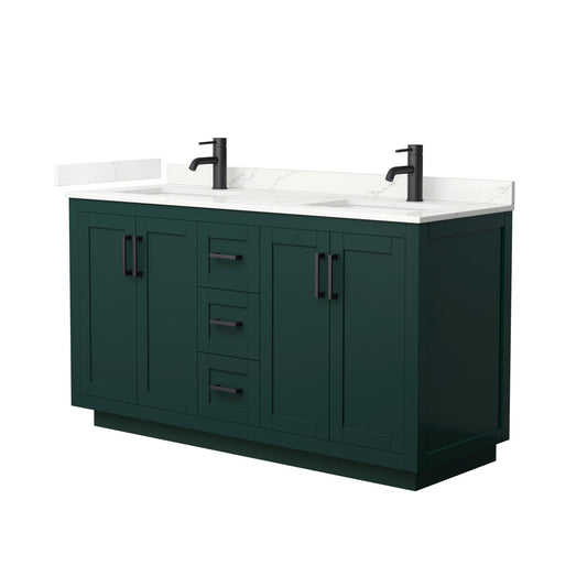 Wyndham Collection Miranda 60" Double Bathroom Vanity in Green, Giotto Quartz Countertop, Undermount Square Sinks (1-Hole), Matte Black Trim